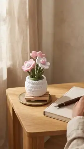 Pink and white printed flowers in a textured pot