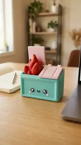Smiling mint green 3D printed dumpster fire with orange flames