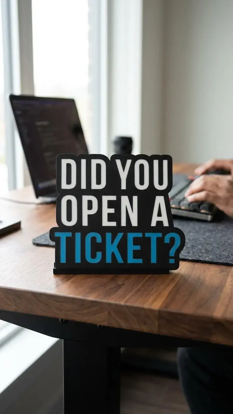 Did You Open a Ticket freestanding desk sign